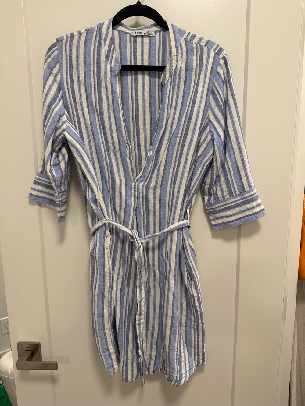 Dex Blue and White Vertical Stripe Tie-Waist Shirt Dress